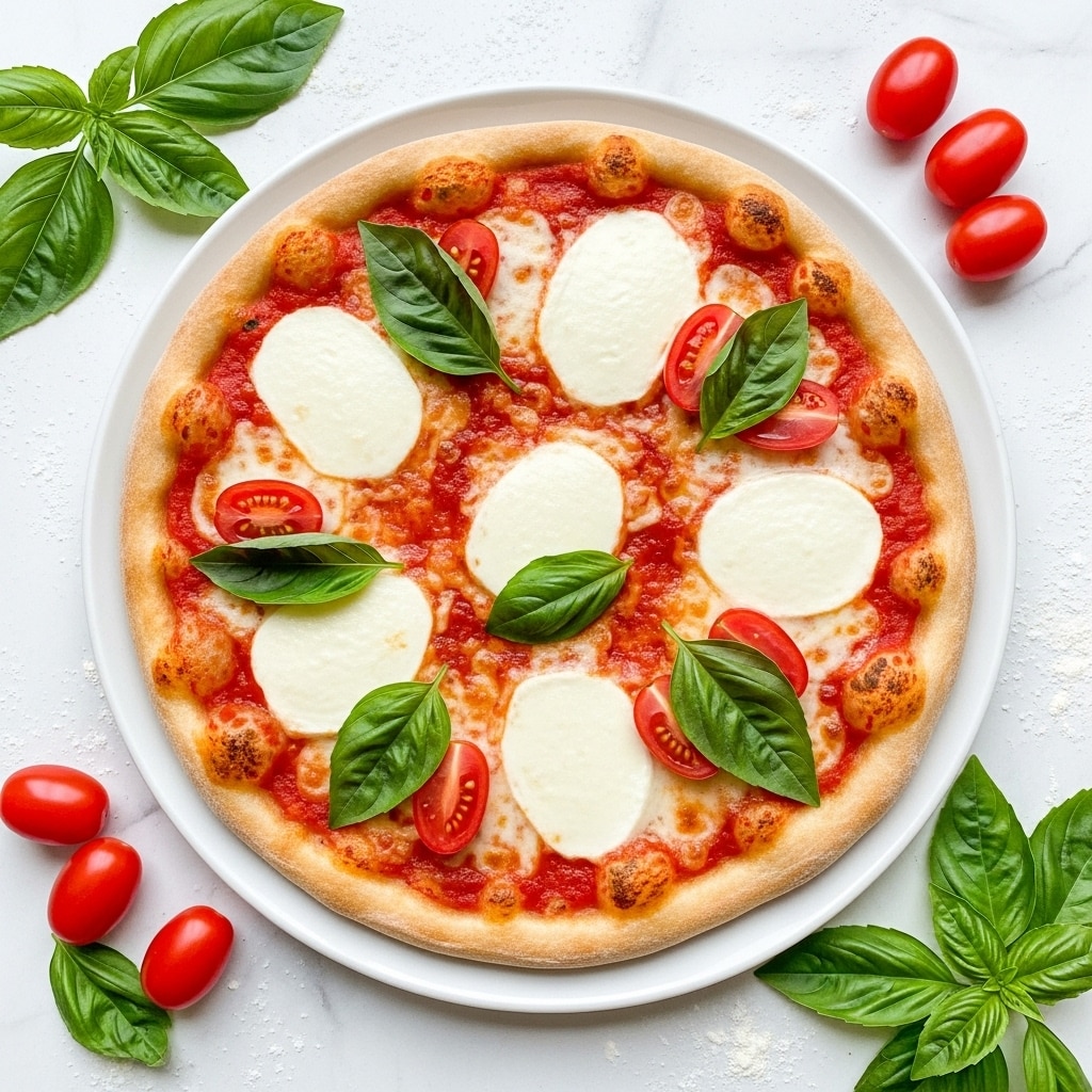 A white plate holds a round pizza with a golden-brown crust. The pizza has a red tomato sauce base, topped with five thick, white melted cheese slices spread evenly across it. Bright green fresh basil leaves are scattered on top along with small, halved red cherry tomatoes. The pizza sits on a white marbled surface sprinkled lightly with flour, with loose basil leaves and whole cherry tomatoes around it. photo taken with an iphone --ar 4:5 --v 7