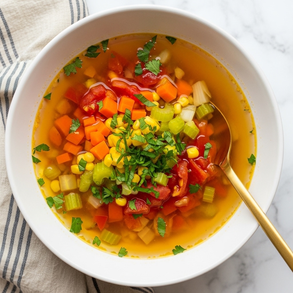 A white bowl filled with colorful vegetable soup sits on a white marbled surface with a striped cloth underneath. The soup has several visible layers and colors: clear golden broth as the base, finely chopped orange carrots, bright green leafy herbs scattered on top, small pieces of red bell peppers, light green celery chunks, and bits of tomatoes. The bowl is held by a woman's hand, and a silver spoon is dipped into the soup on the right side of the bowl. Photo taken with an iphone --ar 4:5 --v 7
