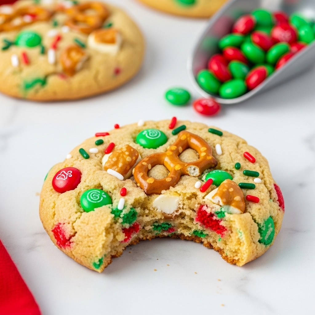 A soft cookie with a bite taken out of its right side sits on a white marbled surface. The cookie has a light golden-brown base with colorful red and green sprinkles baked into it, scattered evenly across the surface. Embedded in the cookie are bright green chocolate candies, broken pieces of pretzel sticks with a golden-brown texture, and white chocolate chunks. The cookie shows a soft and chewy texture with visible bits of candy and pretzel inside. In the background, another whole cookie and a part of a silver scoop filled with red and green chocolate candies are slightly blurred. A red piece of cloth peeks into the bottom left corner of the frame. photo taken with an iphone --ar 4:5 --v 7