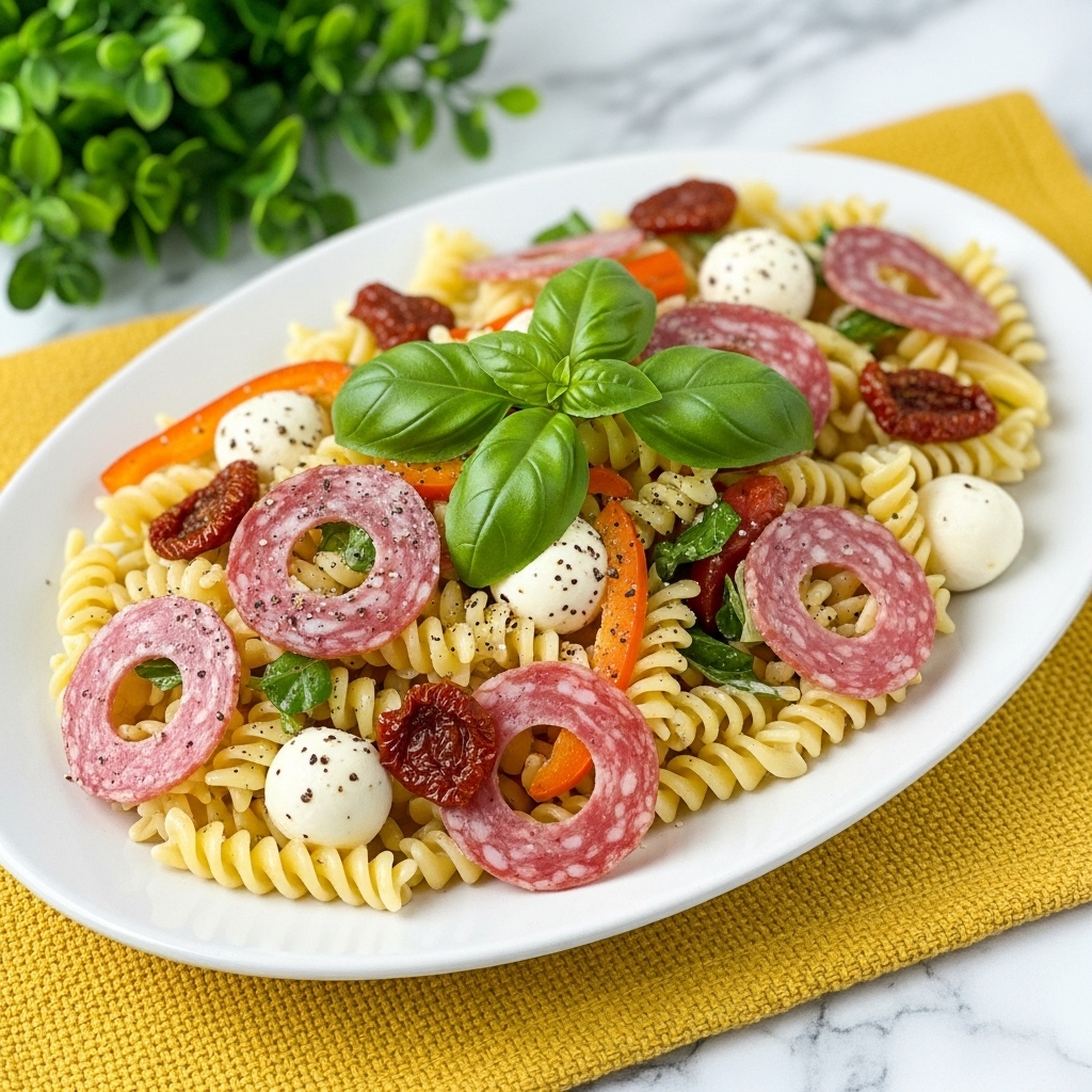 The dish is a plate of rotini pasta salad served on a white oval plate placed on a yellow textured cloth, with green herbs in the background on a white marbled surface. The pasta is light yellow and forms the base layer. Scattered throughout are thin pink strips of salami, small white mozzarella balls, and pieces of sun-dried tomatoes offering reddish dark spots. There are also bits of green herbs, orange slivers of bell pepper, and some black pepper sprinkled on top. In the center, a small bunch of bright green fresh basil leaves adds a pop of color. photo taken with an iphone --ar 4:5 --v 7