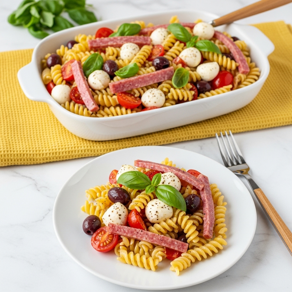A white dish filled with spiral pasta mixed with strips of pink salami, small white mozzarella balls, red cherry tomato slices, pieces of dark olives, and fresh green basil leaves, all lightly sprinkled with black pepper. The pasta has a golden-yellow color with a slightly glossy texture. In front of the dish, a white plate holds a serving of the same pasta salad, arranged neatly with the same ingredients visible on top. A silver fork with a wooden handle sits to the right of the plate. Both the dish and plate rest on a yellow textured cloth atop a white marbled surface, with some green herbs in the background. Photo taken with an iphone --ar 4:5 --v 7
