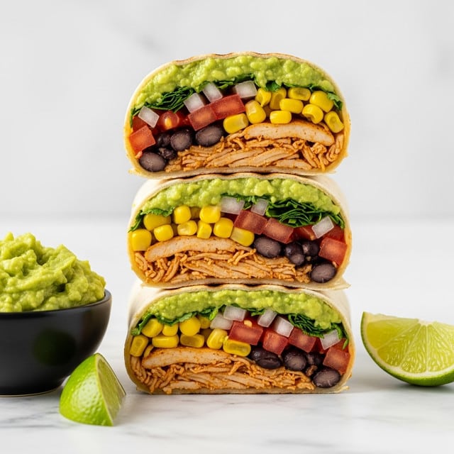A stack of three burrito halves sit directly on a white marbled surface, each filled with several colorful layers. Starting from the inside, there is shredded cooked chicken with a light brown color, mixed with black beans and diced red tomatoes. Next to that is bright yellow corn and small pieces of green cilantro, along with diced onions. On top of the fillings is a thick layer of chunky green guacamole. The burritos are wrapped in a light beige tortilla with light grill marks giving a slightly charred look. In the foreground, there is a small black bowl filled with guacamole and a lime wedge near it, along with another lime wedge resting on the surface. photo taken with an iphone --ar 4:5 --v 7