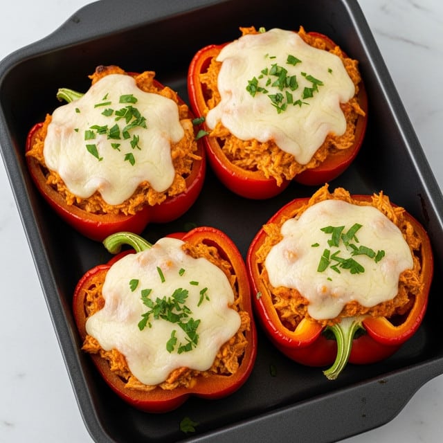 Four red bell peppers stand open in a black baking dish, each filled with a layer of shredded chicken mixed with orange-red sauce, topped with a thick layer of melted pale yellow cheese. The cheese layer is lightly browned in spots, and fresh green chopped herbs are sprinkled on top of each pepper. The black baking dish contrasts with the vibrant colors of the peppers and filling, all set on a white marbled surface. Photo taken with an iphone --ar 4:5 --v 7