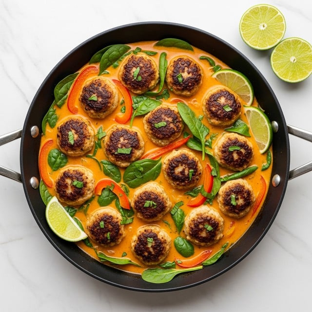 A black pan filled with round meatballs browned on top, sitting in a creamy orange sauce mixed with green spinach leaves and slices of red bell pepper, garnished with small pieces of fresh green herbs and accompanied by lime wedges on the side, all placed on a white marbled surface. photo taken with an iphone --ar 4:5 --v 7