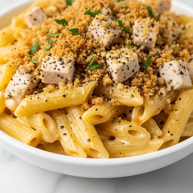 The image shows a close-up view of baked macaroni and cheese with a golden brown breadcrumb topping. The dish has several layers: the bottom layer is a creamy cheese sauce with smooth texture and light yellow color, the middle layer consists of cooked penne pasta coated in the sauce, and the top layer includes browned breadcrumbs that add a crunchy texture, scattered with small pieces of white chicken and black pepper specks, all garnished with tiny green parsley bits. The dish is served in a white bowl resting on a white marbled surface. Photo taken with an iphone --ar 4:5 --v 7