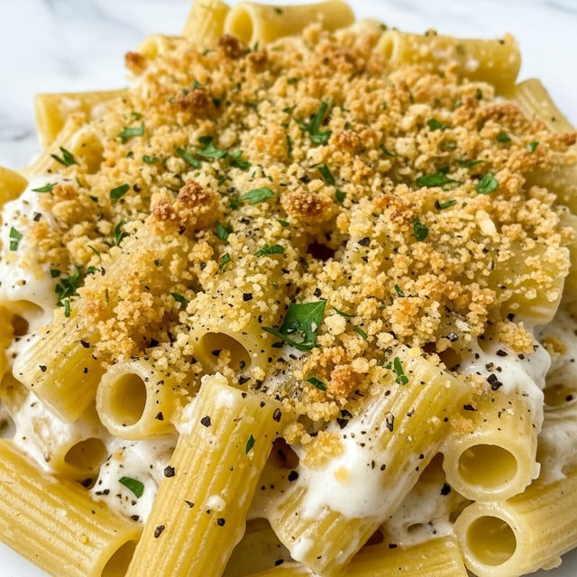 The image shows a close-up of baked rigatoni pasta covered in a creamy white sauce. The rigatoni pieces are tube-shaped with a light golden color. On top, there is a crispy, golden-brown crumb layer that looks crunchy and toasted, sprinkled with small bits of green herbs. There are also visible black pepper specks adding texture and seasoning detail. The creamy sauce appears rich and smooth, filling the spaces around the pasta. The photo is taken against a white marbled textured background. photo taken with an iphone --ar 4:5 --v 7