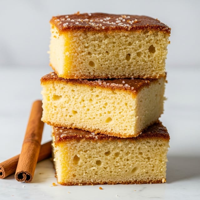 The image shows three pieces of thick, moist cake stacked unevenly on a white marbled surface. Each piece has a golden brown crust on the top with a slightly crispy texture, while the inside is light yellow and fluffy with a soft crumb. The cakes have some small air pockets inside, showing their softness, and a few scattered sugar crystals on the crust add a slight sparkle. A cinnamon stick lies beside the stack, adding a warm brown contrast to the creamy yellows and golden tones of the cake. The photo taken with an iphone --ar 4:5 --v 7