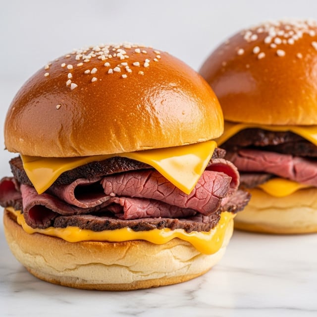 The image shows a close-up of two sandwich sliders on a white marbled surface. Each slider has a shiny, golden brown top bun sprinkled with coarse salt or seasoning. Inside, there is a thick layer of roasted, thinly sliced beef that looks juicy and tender. Beneath the beef is a layer of melted yellow cheese that slightly oozes out, blending with the bottom bun. The buns have a soft and fluffy texture with a light golden color on the inside. Photo taken with an iphone --ar 4:5 --v 7