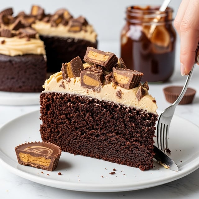A thick slice of dark chocolate cake sits on a white plate with a white marbled background. The cake is dense and moist with a rough texture on the sides and a smooth top. On top of the cake is a generous layer of creamy peanut butter frosting with a light tan color and a smooth, soft texture. Scattered on the frosting are broken pieces of chocolate peanut butter cups, showing swirling dark and light browns and some creamy filling inside. Next to the plate, there is a partially eaten chocolate peanut butter cup laying flat. A glass jar of chocolate sauce with a spoon inside is blurred in the background. A woman's hand holding a fork is about to cut the cake slice. Photo taken with an iphone --ar 4:5 --v 7