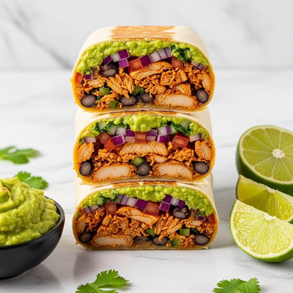 Three stacked burrito halves sit on a white marbled surface, each wrapped in a light golden toasted flour tortilla. Inside, layers of shredded chicken with a reddish-brown seasoning mix are visible, mixed with black beans, chopped red onions, chopped tomatoes, and bright green guacamole. The textures range from tender chicken, creamy guacamole, to firm beans and fresh vegetables. In the foreground to the left, a small dark bowl holds a chunky green guacamole dip. To the right, there are two fresh lime wedges, their bright green color contrasting with the white marbled background, along with scattered small cilantro leaves. photo taken with an iphone --ar 4:5 --v 7