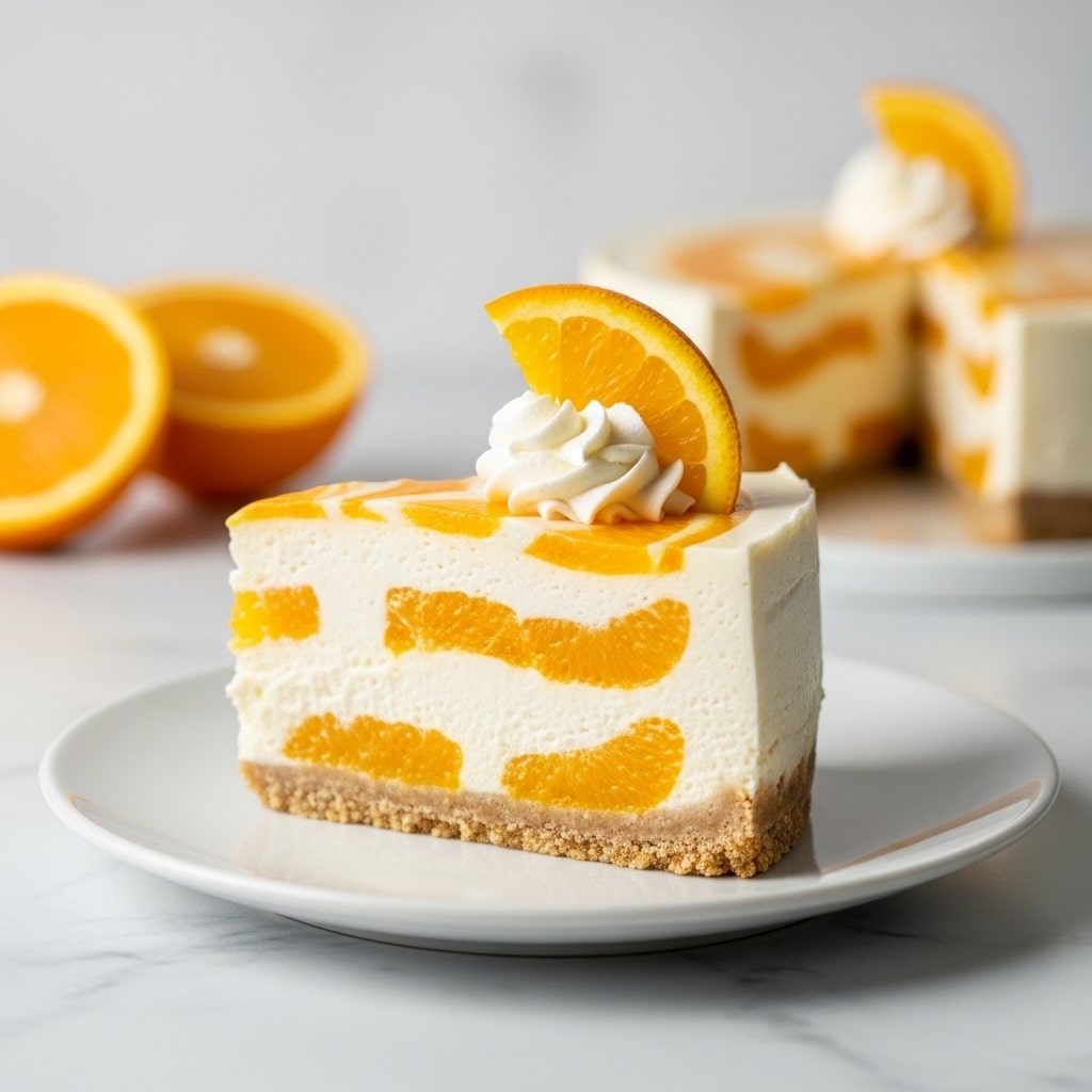This image shows a slice of orange cheesecake on a white plate, placed on a white marbled surface. The cheesecake has three layers: the bottom layer is a crumbly light brown crust, the middle layer is thick and creamy white with swirls of vibrant orange fruit mixed in, and the top layer is a smooth white cream. On top of the slice, there is a small dollop of white whipped cream and a thin round orange slice standing upright. In the background, two halved orange pieces lie blurred. Photo taken with an iphone --ar 4:5 --v 7