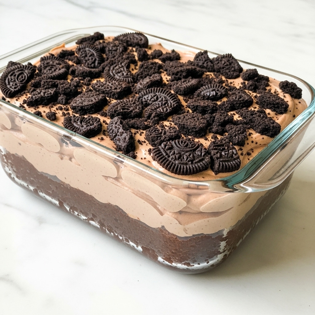 A clear glass rectangular dish filled with three visually distinct layers: the bottom layer is a dense, dark chocolate base, the middle layer is a smooth, light brown chocolate mousse, and the top layer is covered with large, unevenly crushed pieces of chocolate cookies, creating a rough texture on the surface. The dish sits on a white marbled surface, with the contrast of the dark cookie crumbs against the lighter mousse creating a rich and textured look. photo taken with an iphone --ar 4:5 --v 7