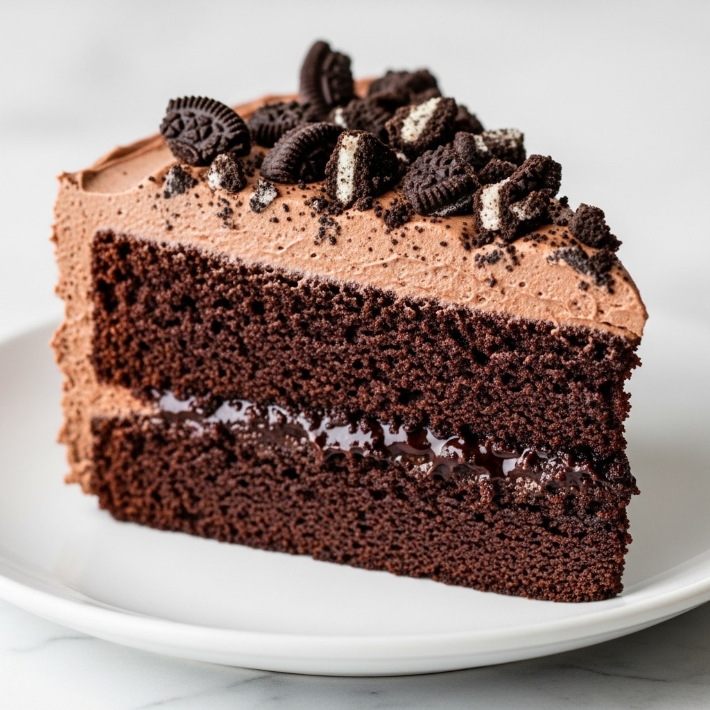 A close-up of a single slice of rich chocolate cake on a white plate, placed on a white marbled surface. The cake has two main layers: the bottom layer is moist, dark chocolate cake with a shiny, almost gooey texture, showing some melted chocolate inside. The top layer is thick, creamy chocolate frosting with a smooth yet slightly fluffy texture. On top of the frosting, there are scattered chunks of dark chocolate cookie pieces adding a rough texture and darker color contrast. The image is sharply focused on the cake, highlighting the moist and creamy details. photo taken with an iphone --ar 4:5 --v 7