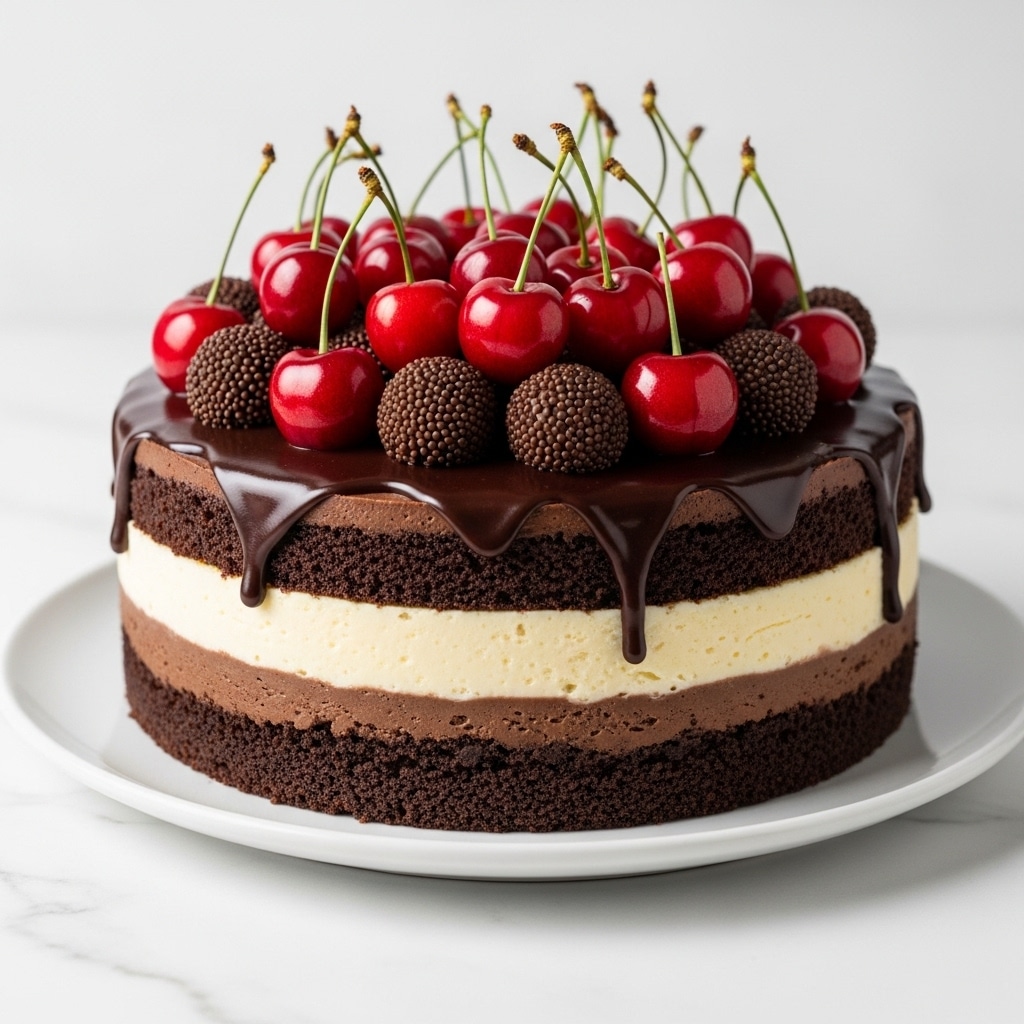 The image shows a three-layer cake on a white plate placed on a white marbled surface. The bottom layer is dark brown and crumbly, resembling a rich chocolate cookie crust. The middle layer is thick, smooth, and creamy, pale yellow in color, looking like a vanilla or cheesecake filling. The top layer is glossy dark chocolate ganache that drips slightly down the sides of the cake. On top, there are many shiny fresh red cherries with stems, along with small round dark chocolate pieces that are textured and arranged closely together. The overall look is moist and rich, with dark and light contrasts. photo taken with an iphone --ar 4:5 --v 7