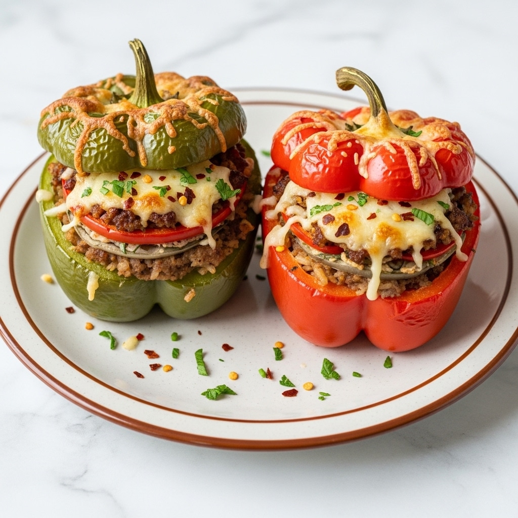 Two stuffed bell peppers, one green and one red, sit on a white plate with a brown rim placed on a white marbled surface. Each pepper is cut open and filled with layers of cooked ground meat mixed with rice or grains, topped with a golden-browned melted cheese layer that is slightly crispy and speckled with chopped green herbs and red pepper flakes. The filling inside has a rich texture with bits of browned meat visible under the cheese. Some scattered herbs and red pepper flakes decorate the plate around the peppers, adding color contrast. photo taken with an iphone --ar 4:5 --v 7