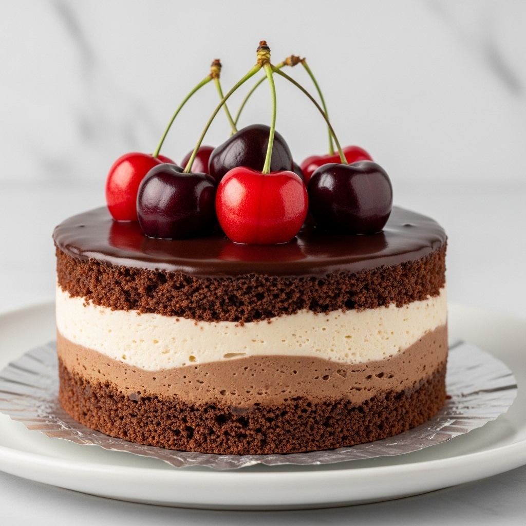 This dessert has three clear layers: the bottom layer is dark brown and crumbly like chocolate cake, the middle layer is thick and creamy with a light beige color, and the top layer is a shiny dark chocolate glaze. Fresh red and dark cherries with green stems sit on the shiny chocolate surface, creating a glossy and colorful topping. The dessert rests on a piece of crinkled foil on a white plate, with a white marbled texture in the background. Photo taken with an iphone --ar 4:5 --v 7