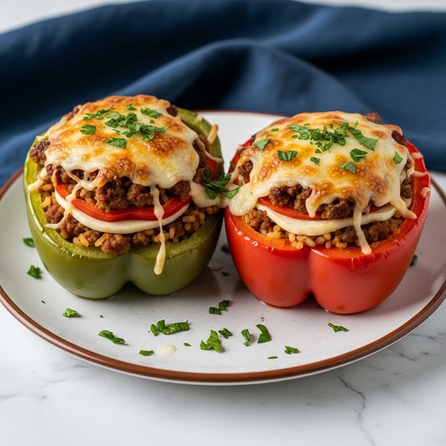 Two stuffed bell peppers sit on a white plate with a brown rim, placed on a white marbled surface. The green pepper on the left and the red pepper on the right are both filled with layers of ground meat, rice, and melted, slightly browned cheese on top. Fresh chopped herbs are sprinkled over the cheese and scattered on the plate around the peppers. A dark blue cloth is softly folded in the background. The overall look is colorful with a mix of green, red, golden cheese, and herbs, showing a cozy and fresh meal. photo taken with an iphone --ar 4:5 --v 7