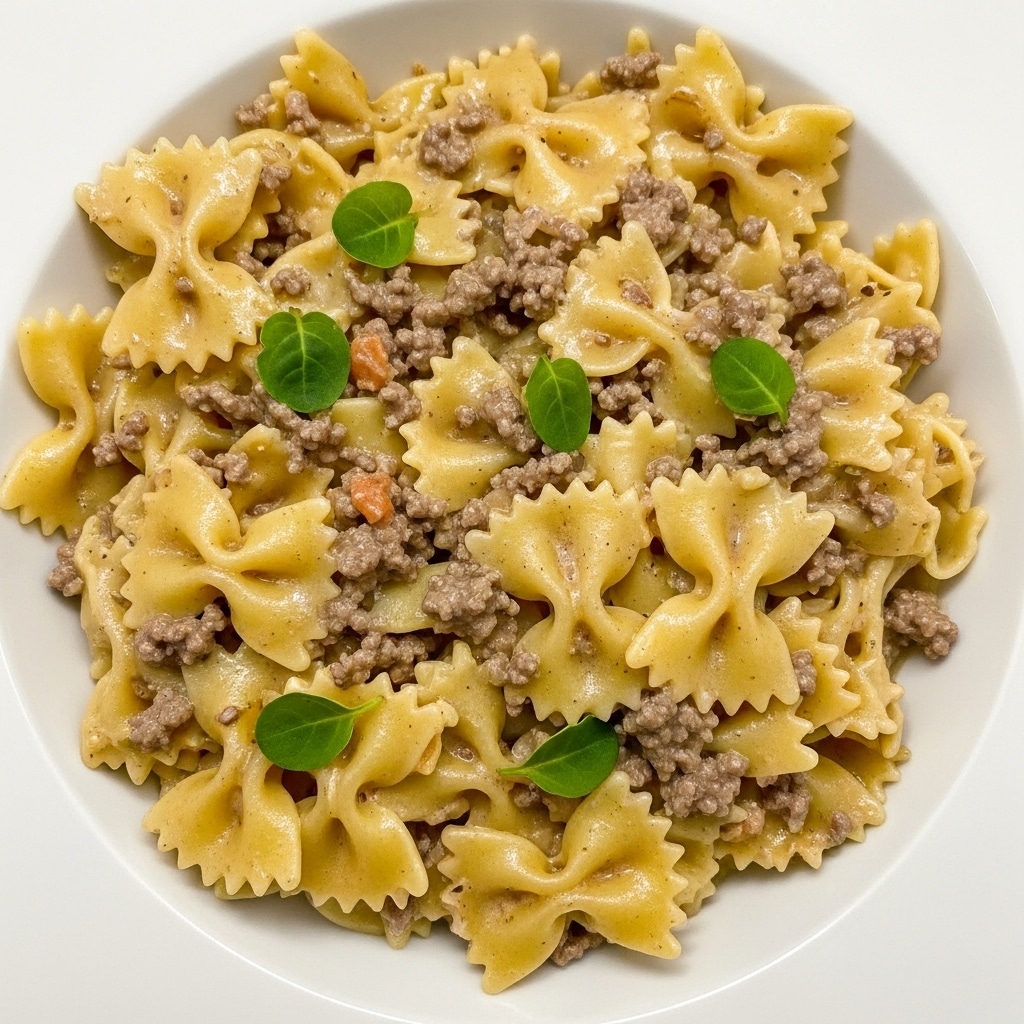 A white bowl filled with farfalle pasta mixed evenly with ground beef in a creamy, light brown sauce. The pasta pieces are soft yellow with a smooth texture and have slightly ruffled edges. The ground beef is small, crumbly, and brown, blending into the sauce. Small green herb leaves are scattered on top, adding a pop of fresh color. The dish looks warm and comforting with a glossy finish on the sauce. photo taken with an iphone --ar 4:5 --v 7