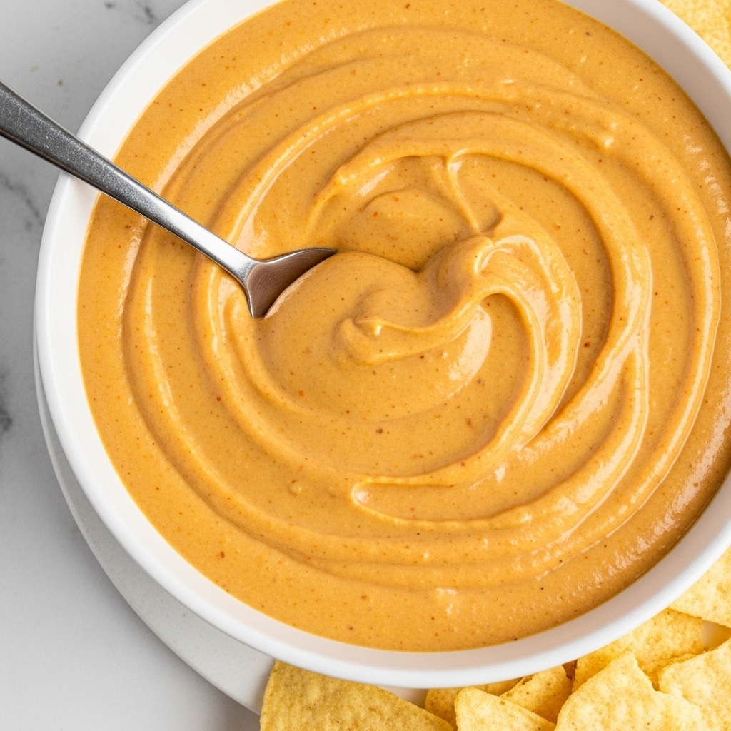 A creamy, thick orange-yellow dip fills a round white bowl with a smooth surface showing slight texture from blended ingredients; a silver spoon is scooping the dip in the center, creating gentle swirls around it. The bowl sits partially on a white marbled surface with pieces of light yellow tortilla chips surrounding it at the bottom right edge. The overall look is warm and inviting, showing a rich and velvety texture of the dip. photo taken with an iphone --ar 4:5 --v 7