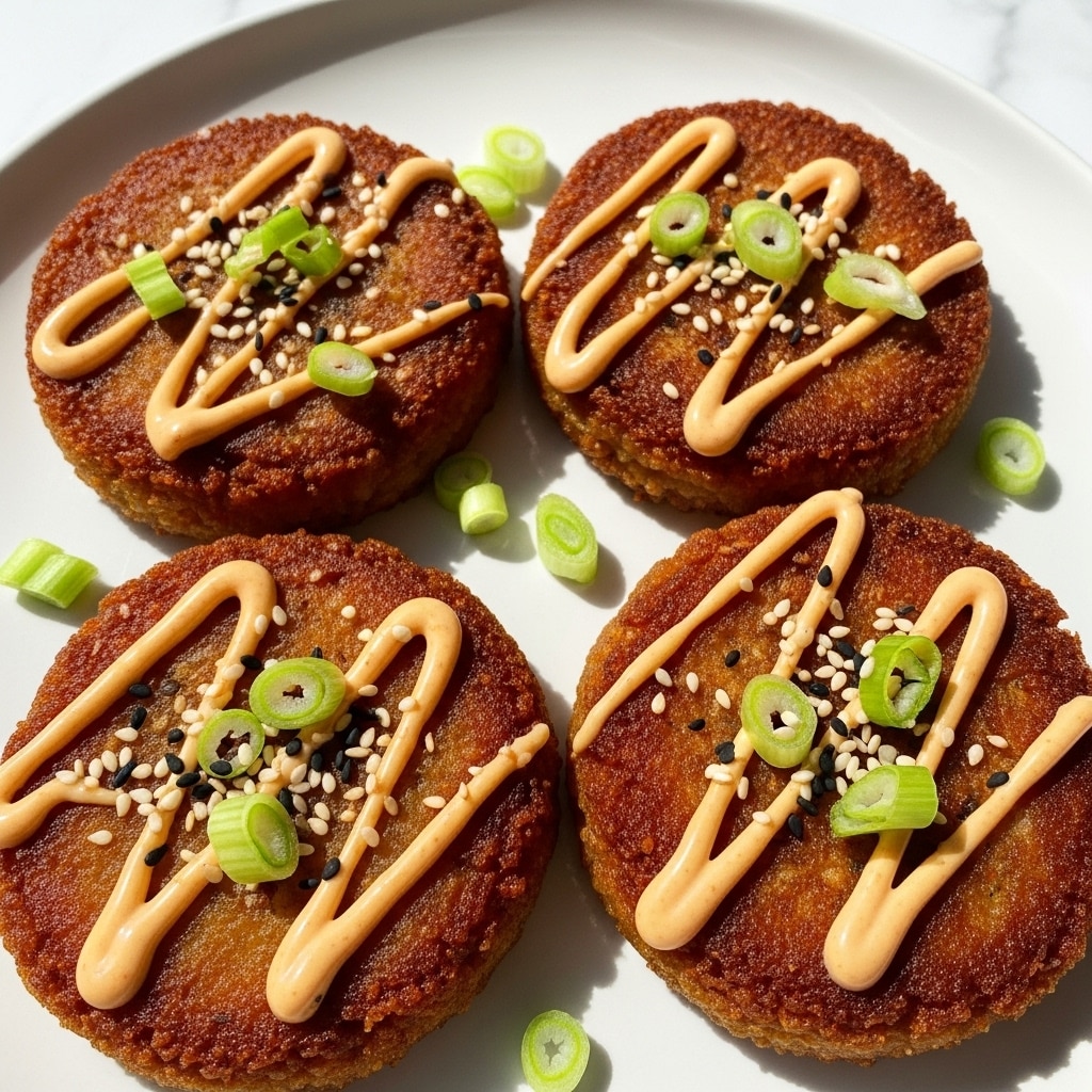 Four round, golden brown crispy cakes with a slightly rough texture are arranged closely on a white plate. Each cake is topped with thin,zigzag drizzles of light orange creamy sauce and sprinkled with small white and black sesame seeds. Fresh, chopped green onions are scattered evenly over the cakes, adding a pop of green color. The background shows a white marbled texture surface with soft, natural lighting. photo taken with an iphone --ar 4:5 --v 7