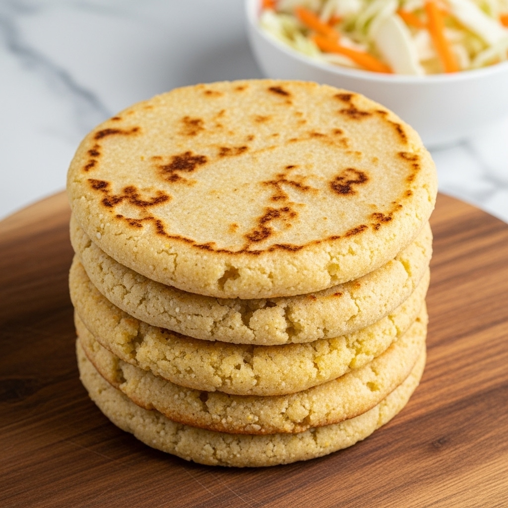 A stack of six thick, golden-brown arepas with slightly rough, grainy texture, stacked in the center of a wooden board. The top arepa shows light brown toasted spots and a soft, slightly crumbly edge. In the background, to the top right, there is a white bowl filled with shredded vegetables, including white cabbage and orange carrots. The setting has a white marbled texture surface underneath the wooden board. photo taken with an iphone --ar 4:5 --v 7