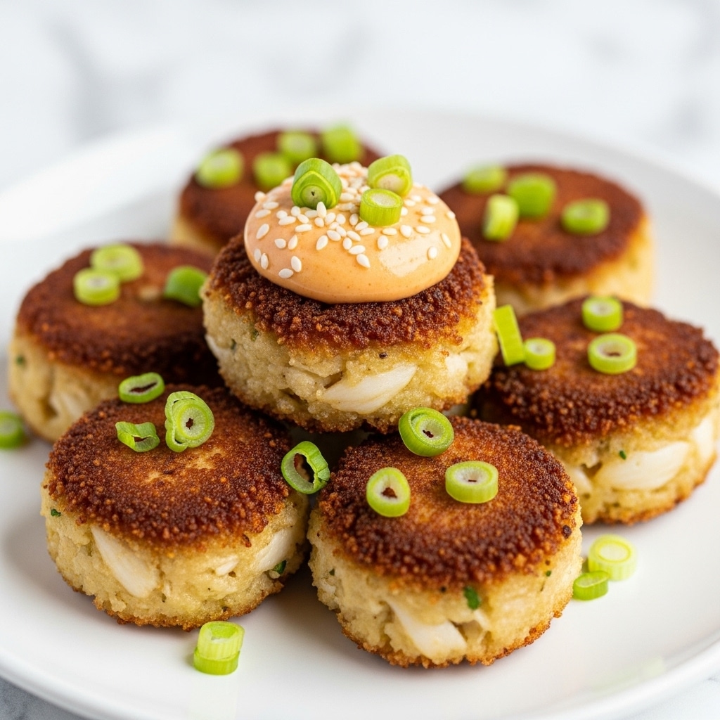 A white plate holds seven golden brown crab cakes with a crispy texture, arranged in a small pile. On top of the center crab cake is a smooth dollop of light orange sauce, sprinkled with white sesame seeds and chopped green onions. The crab cakes are garnished with more chopped green onions scattered around them, adding a fresh green color contrast. The background shows a white marbled surface, softly blurred to keep focus on the crab cakes. photo taken with an iphone --ar 4:5 --v 7