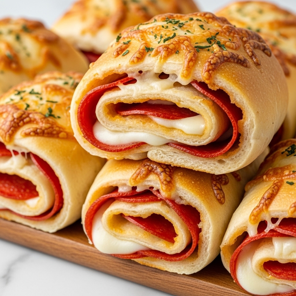 The image shows a close-up of three layers of bread rolls topped with melted, golden-brown cheese and sprinkled with green herbs. Each roll is stuffed with visible layers of bright red pepperoni and creamy white melted cheese, folded neatly inside soft, light golden bread. The rolls are placed closely together on a wooden board, resting on a white marbled surface. photo taken with an iphone --ar 4:5 --v 7