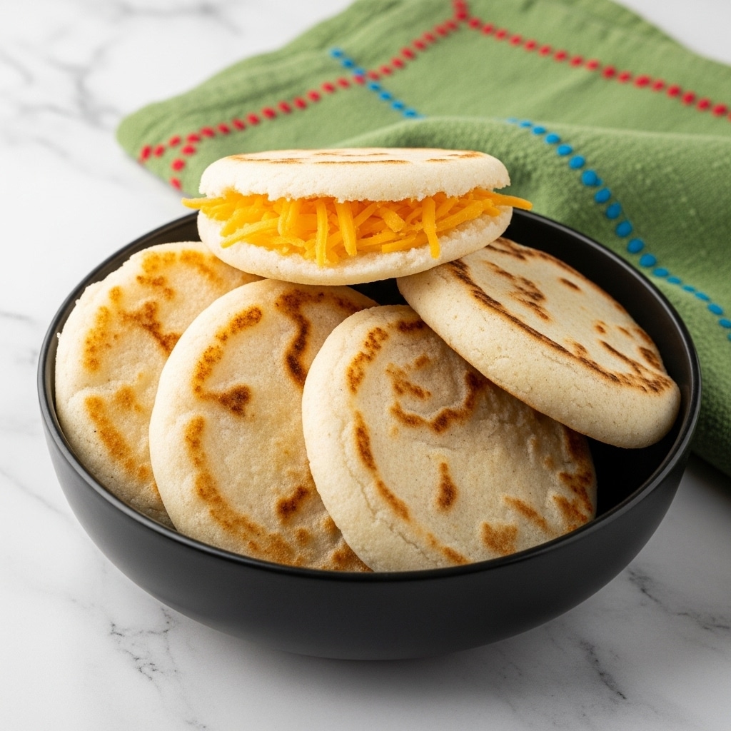 The image shows a white marbled surface holding a black bowl filled with five arepas. Four arepas are stacked flat in the bowl, with light golden brown spots on their creamy white surface. One arepa is open and placed on top, revealing a thick layer of shredded yellow cheese inside. A green textured cloth with dotted red and blue lines is casually placed in the background. The overall look is warm and inviting, with a close-up focus on the arepas. photo taken with an iphone --ar 4:5 --v 7