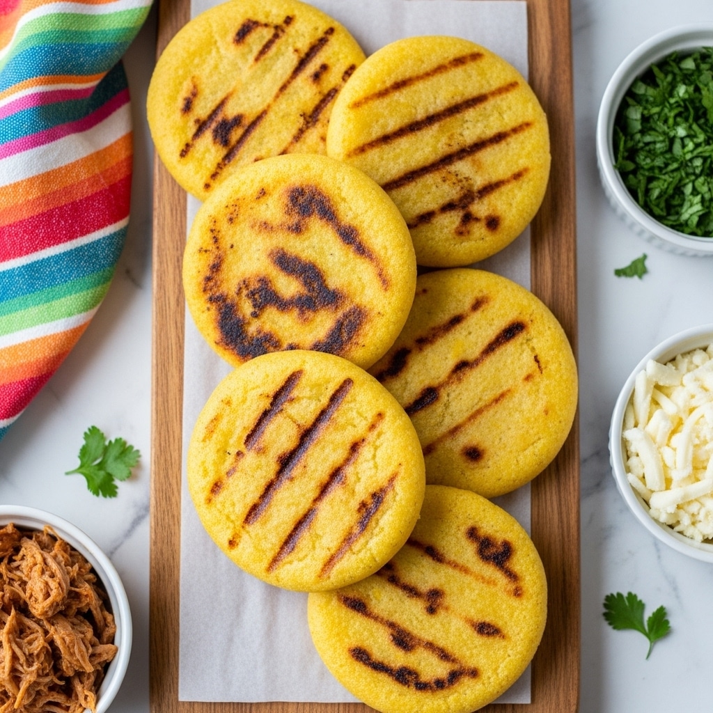 Six small round, yellow arepas with slight brown grill marks on their top surfaces are neatly stacked, slightly overlapping, on a wooden board. The texture of the arepas looks soft and slightly crispy with some toasted spots. Around the board, there are small bowls with shredded white cheese, pulled meat, and chopped green herbs on a white marbled surface. A colorful striped cloth is partially visible in the upper left corner. Photo taken with an iphone --ar 4:5 --v 7