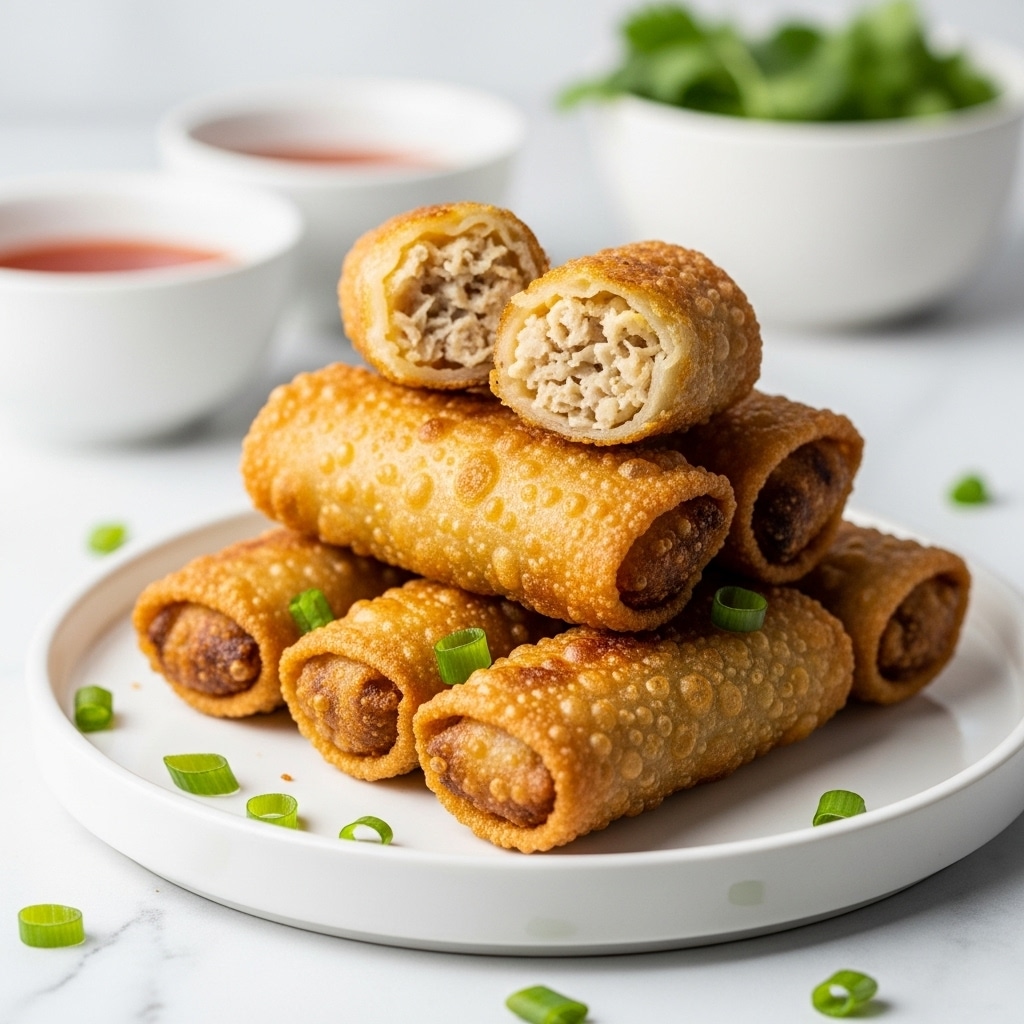 A stack of five golden brown spring rolls sits on a round white plate, with one spring roll cut in half on top showing its light-colored, flaky filling inside. The spring rolls have a crispy, bubbled texture on the outside and are arranged in a small pile with a few chopped green onion pieces scattered around the plate. In the blurred background, there are two white bowls, one filled with a bright red dipping sauce and the other with green leafy herbs. The whole scene is set on a white marbled surface. Photo taken with an iphone --ar 4:5 --v 7