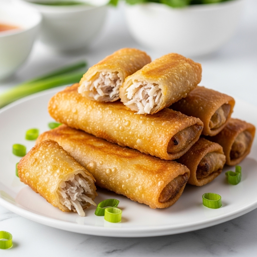 A white plate holds five golden-brown spring rolls stacked in two layers, with three on the bottom and two on top. The spring rolls have a crisp, bubbly texture on their thin fried wrappers and some are broken open at the ends, revealing white shredded filling inside. Bright green chopped scallions are scattered around the plate. In the blurred background, white bowls with dipping sauces and green herbs are faintly visible on a white marbled surface. photo taken with an iphone --ar 4:5 --v 7