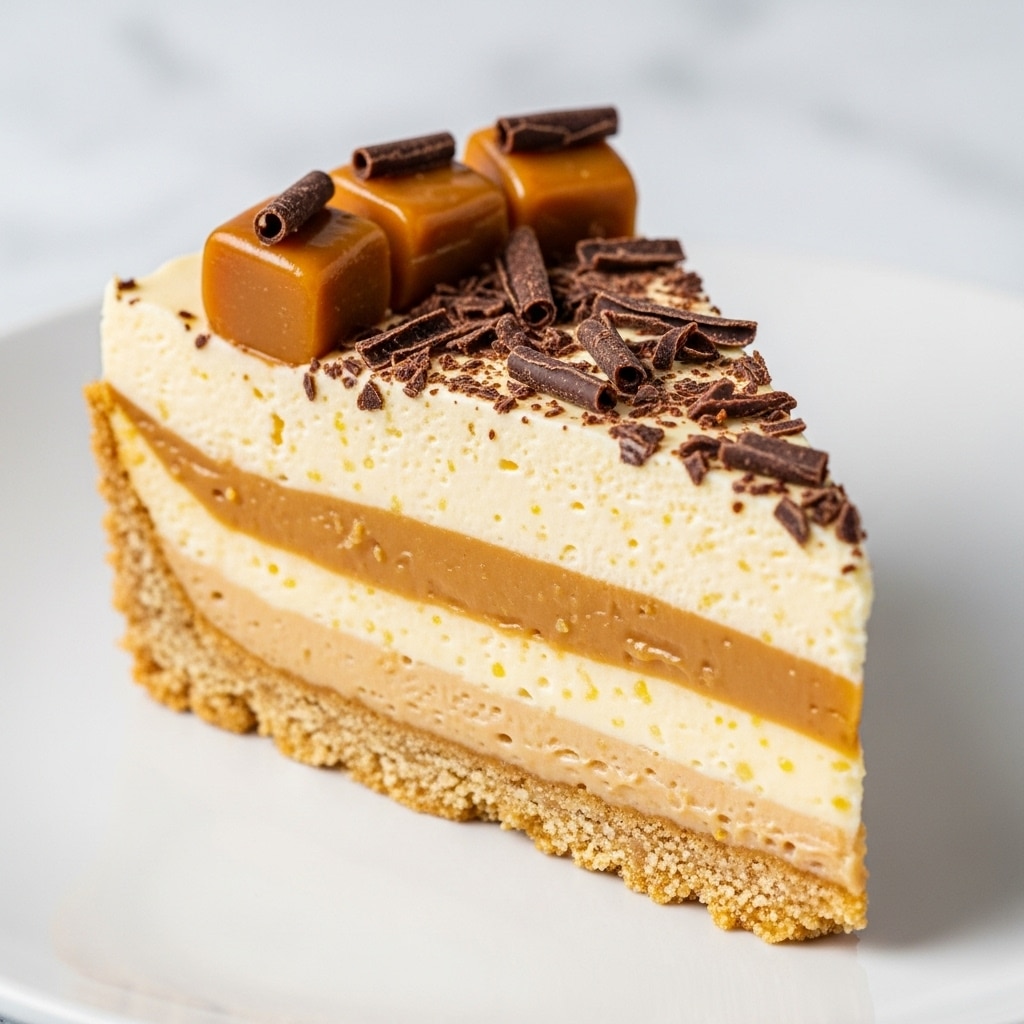A close-up image of a slice of creamy pie with three visible layers: a light golden brown crumbly crust at the bottom, a thick smooth caramel-colored layer in the middle, and a thick pale yellow custard layer on top with tiny vanilla specks. The top is decorated with small shiny, soft caramel cubes and thin dark chocolate shavings scattered over the surface. The slice sits on a smooth white plate set against a white marbled texture background. Photo taken with an iphone --ar 4:5 --v 7