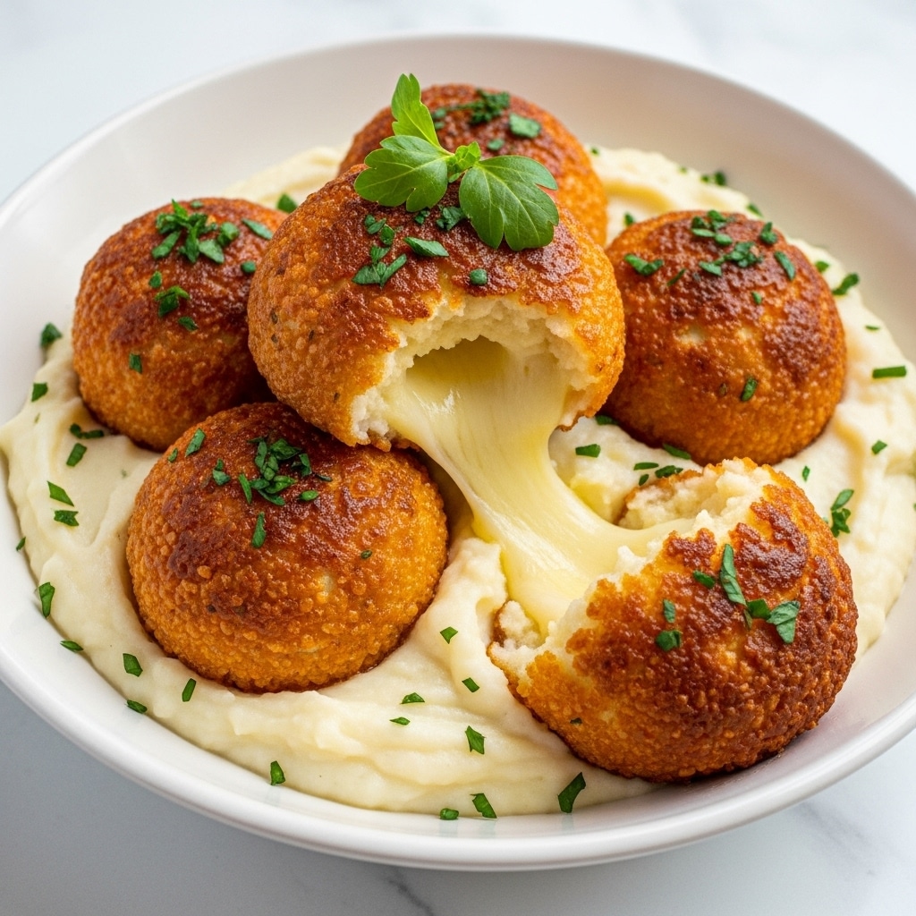 A white bowl filled with a base layer of creamy mashed potatoes, smooth and soft with a pale off-white color. On top sit five round, golden-brown baked cheese balls with a crispy, slightly charred surface texture, sprinkled with finely chopped green herbs. One cheese ball is split open, revealing melted, gooey cheese slowly oozing out and blending with the mashed potatoes below. The top cheese ball is garnished with a fresh sprig of green herbs, adding a touch of freshness and contrast to the warm tones of the dish. The scene is set on a white marbled surface, enhancing the dish's inviting colors. photo taken with an iphone --ar 4:5 --v 7