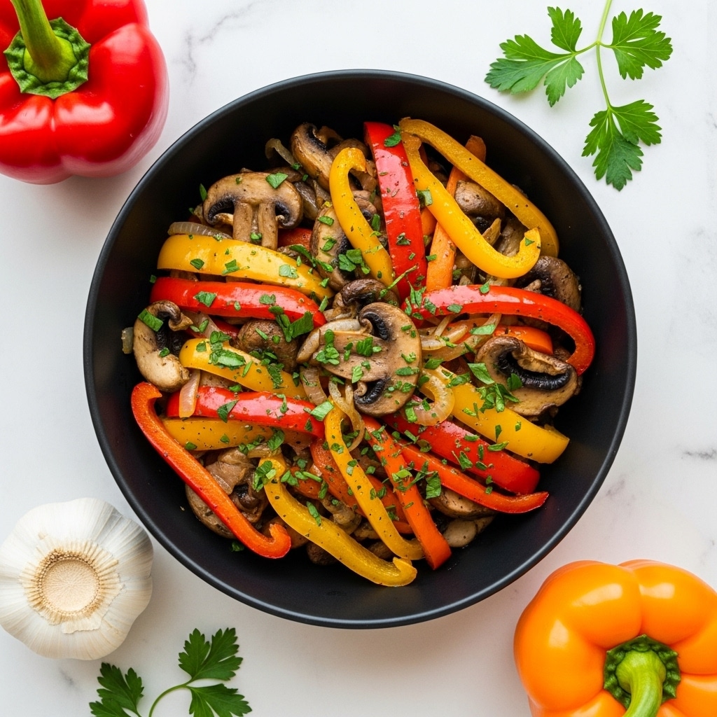 A black bowl filled with cooked vegetables, mainly slices of red, yellow, and orange bell peppers layered with sautéed brown mushroom pieces, all mixed and topped with chopped green herbs. The vegetables show a shiny, slightly oily texture indicating they are freshly cooked. Around the bowl, on a white marbled surface, are whole vegetables including a red bell pepper on the top left, an orange bell pepper on the bottom right, and a whole white garlic bulb on the bottom left. Some scattered green herbs add a fresh look to the scene. Photo taken with an iphone --ar 4:5 --v 7