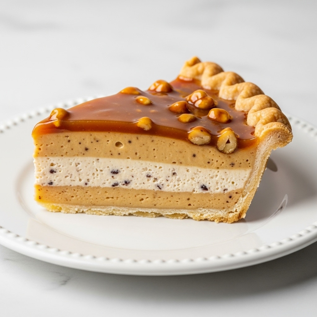 A close-up of a single slice of pie on a white plate with a beaded edge, placed on a white marbled surface. The pie has three layers: a golden-brown, flaky crust at the bottom and sides with a ridged edge on top; a thick, pale creamy middle layer with small dark specks throughout; and a smooth, glossy amber caramel layer on top, dotted with small pieces of nuts. The crust looks crisp and the caramel shiny, catching the light. Photo taken with an iphone --ar 4:5 --v 7