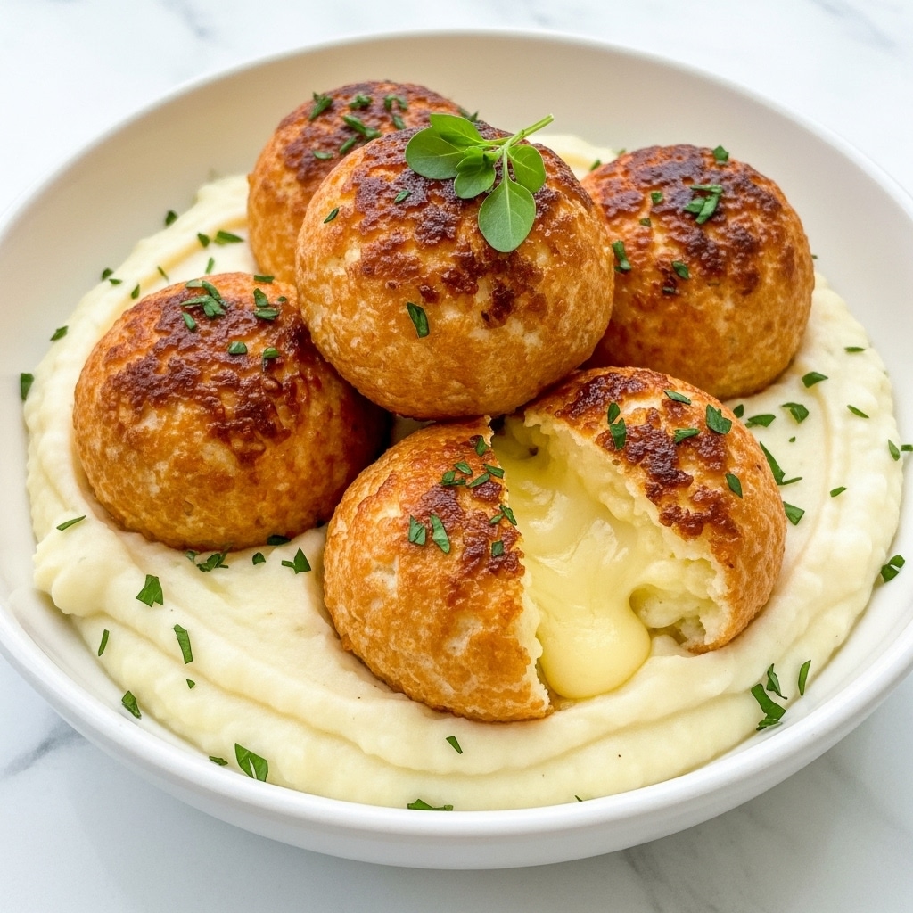 Four round golden-brown meatballs with a crispy, slightly charred outside layer sit on a bed of creamy white mashed potatoes in a white bowl. The meatballs are mixed with green herbs that dot both the inside and outside, and finely shredded white cheese is lightly sprinkled over the top, melting slightly into the meatballs. The mashed potatoes have a smooth texture with a light drizzle of oil and small green herbs scattered across their surface, creating a fresh and savory look. The white marbled background contrasts gently with the warm colors of the dish, and the scene is lit softly to highlight the textures and colors. photo taken with an iphone --ar 4:5 --v 7