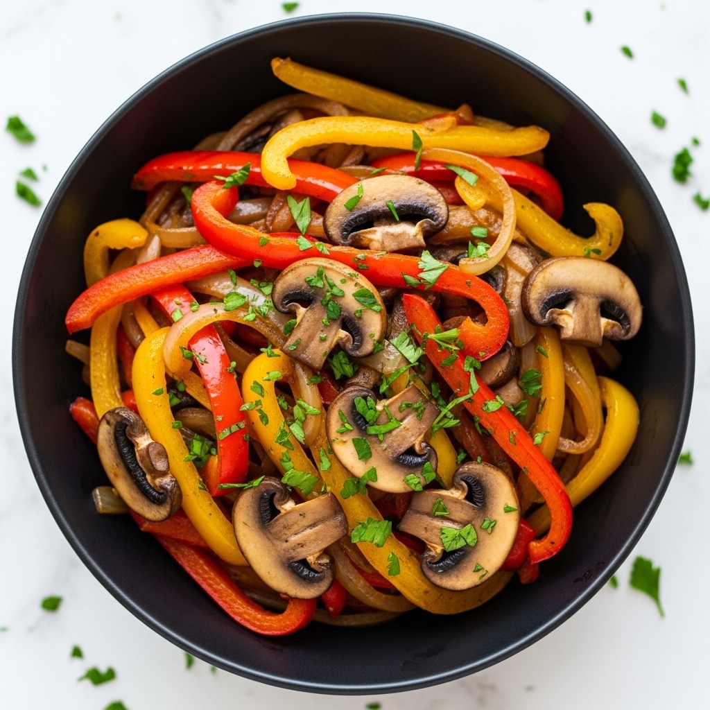 A black bowl filled with cooked vegetables including bright red, yellow, and orange bell pepper strips mixed with brown sliced mushrooms, all garnished with finely chopped green herbs scattered evenly on top. The dish shows a glossy texture from cooking, and the bowl sits on a white marbled surface with some green herb bits around it. Photo taken with an iphone --ar 4:5 --v 7