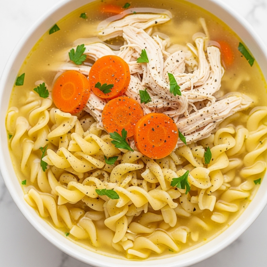A close-up view of a white bowl filled with chicken noodle soup, showing three main layers: the broth layer is light yellow and clear, filling the bowl; the middle layer has curly egg noodles that are pale yellow and soft, scattered evenly; the top layer features shredded white chicken pieces, round orange carrot slices, and small sprigs of green parsley. Black pepper is sprinkled lightly over the surface for extra detail. The bowl sits on a white marbled texture. photo taken with an iphone --ar 4:5 --v 7