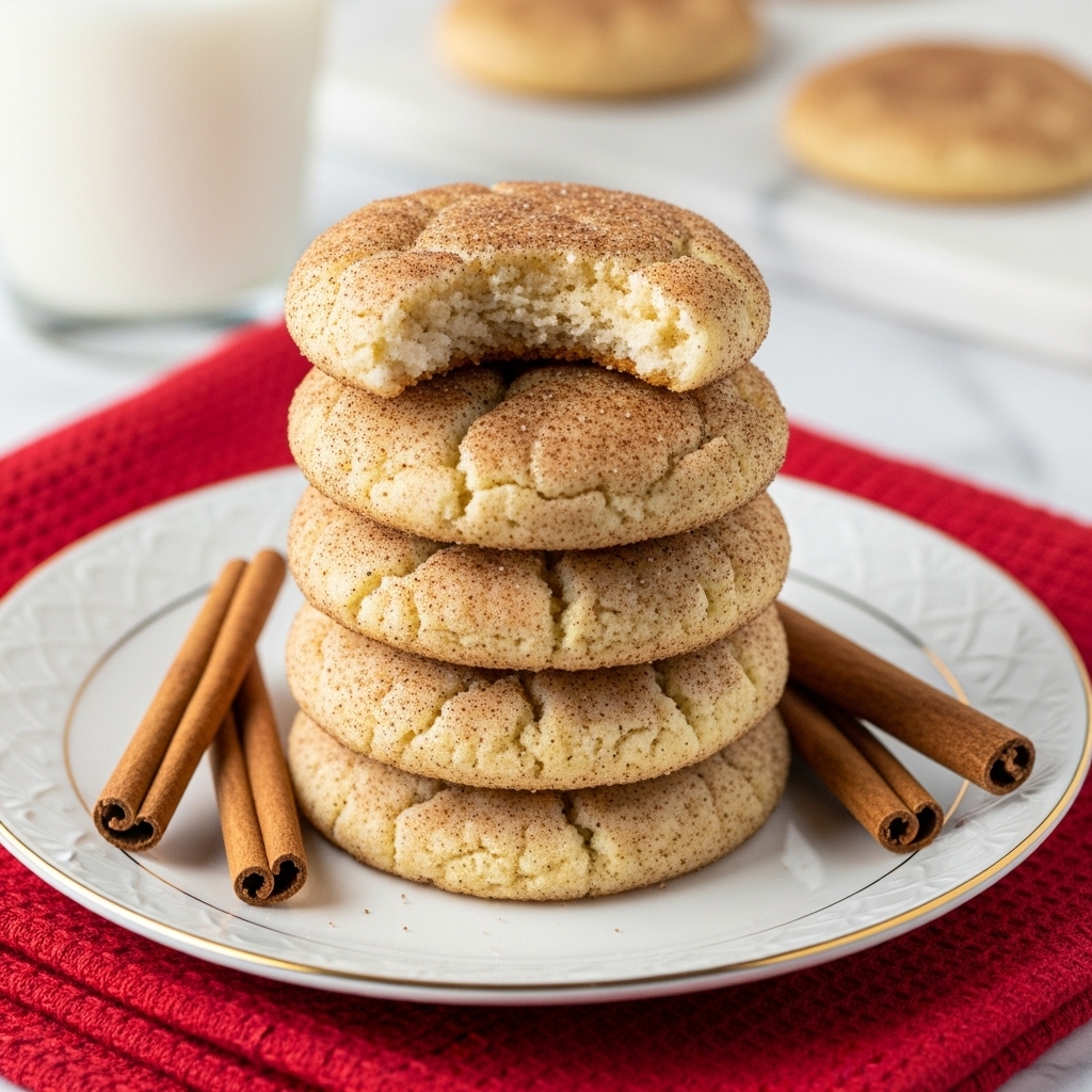 A stack of five round snickerdoodle cookies sits on a white plate with a thin gold rim, each cookie light beige with a cracked surface coated in cinnamon sugar giving a speckled brown look; the top cookie has a bite taken out, revealing a soft, moist inner texture. Around the cookies on the plate are three cinnamon sticks, two on the left and one on the right. The plate rests on a red textured cloth, and in the blurred background, there is a glass of white milk and another out-of-focus cookie on a white marbled surface. photo taken with an iphone --ar 4:5 --v 7