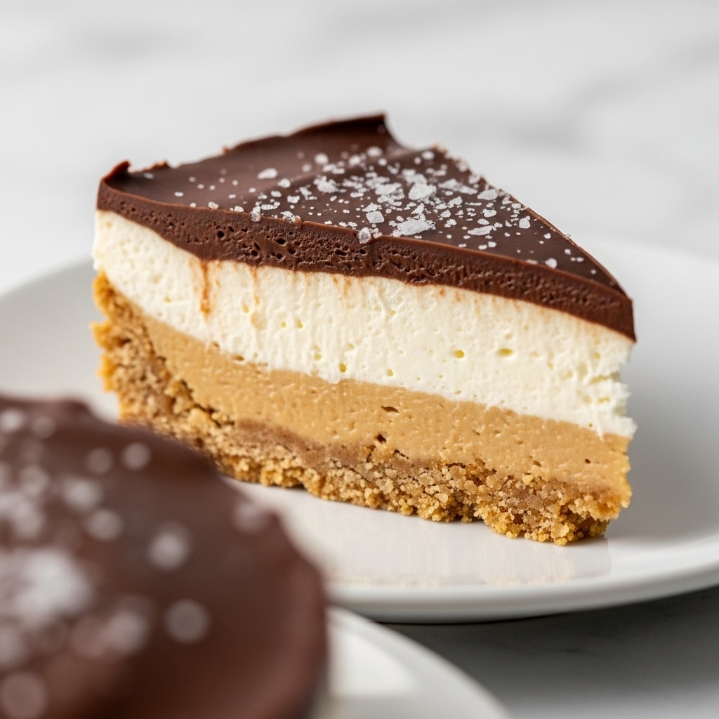 A close-up of a slice of dessert on a white plate with a white marbled background. The dessert has three layers: a crumbly light brown base at the bottom, a thick creamy white middle layer, and a smooth dark brown chocolate layer on top sprinkled with small white flakes, possibly sea salt. In the foreground, part of the whole dessert is visible, slightly out of focus. Photo taken with an iphone --ar 4:5 --v 7