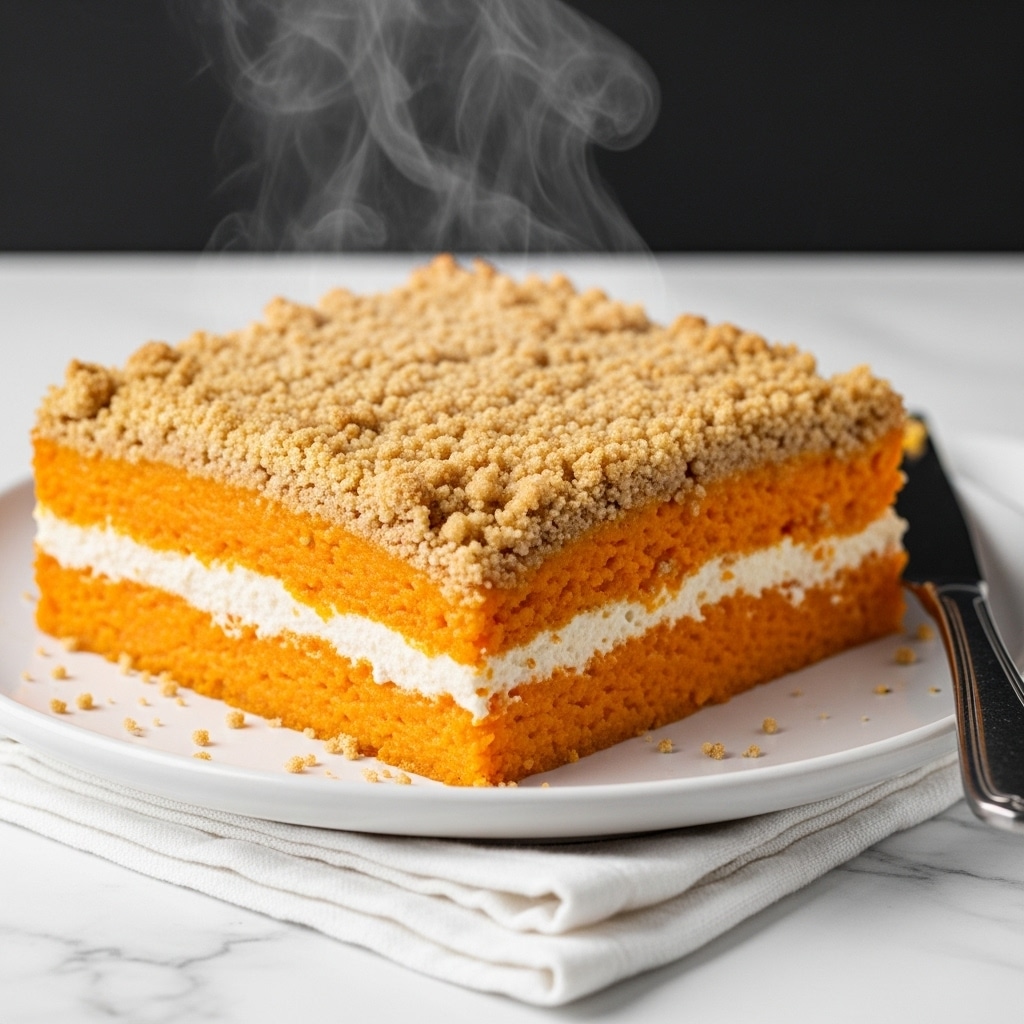A thick, square sweet potato casserole sits on a white plate, showing three clear layers: a smooth and creamy bright orange sweet potato base with slightly rough edges, topped by a thin layer of light brown crumbly streusel covering the entire surface. Steam gently rises from the warm casserole, giving a fresh, just-baked feel. The plate rests on a white cloth on a white marbled surface. A knife with a metallic handle is placed beside the plate. photo taken with an iphone --ar 4:5 --v 7