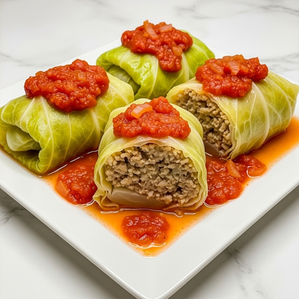 Three stuffed cabbage rolls are placed on a white square plate set on a white marbled surface. Each roll is wrapped tightly in light green cabbage leaves with a soft, slightly translucent texture. The rolls are cut to show the filling inside, which is a mix of finely ground meat and rice in light brown and beige colors. The cabbage rolls are topped with vivid red tomato sauce that is chunky with bits of cooked onion, some sauce also spread over the plate around the rolls. The photo has warm lighting that highlights the moist textures and rich colors of the dish. photo taken with an iphone --ar 4:5 --v 7