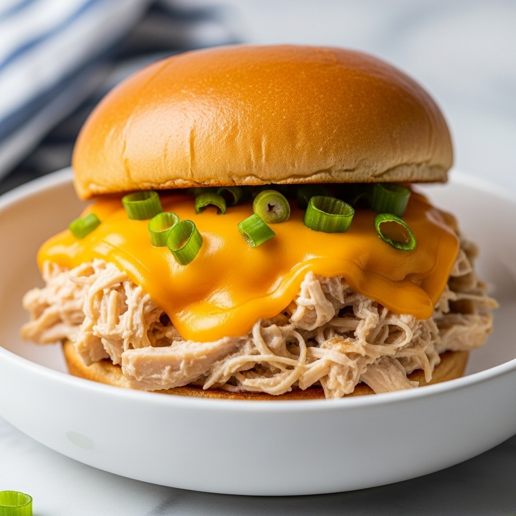 A close-up image of a sandwich with three main visible layers: a soft, light golden top bun forming the upper layer, a thick middle layer of shredded white chicken that looks tender and juicy, topped with melted orange cheddar cheese drizzled unevenly over the chicken, and garnished with small chopped green onions scattered on top; the sandwich sits in a white bowl placed on a white marbled surface, with a blurred blue and white cloth in the background. photo taken with an iphone --ar 4:5 --v 7