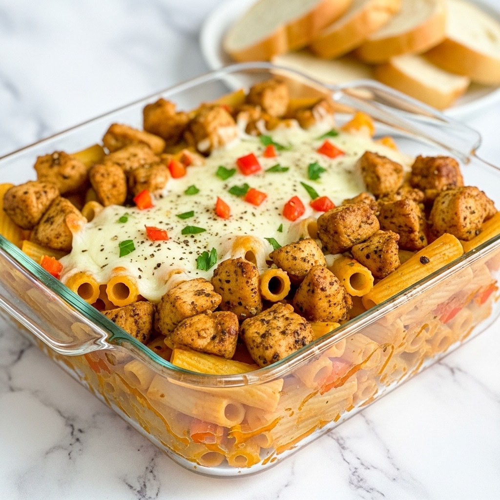 The image shows a close-up of a baked pasta dish in a clear glass square baking dish with handles on each side. The dish has three main layers: the bottom layer is rigatoni pasta with a light orange sauce speckled with black pepper; the middle layer consists of chunks of golden brown, seasoned grilled chicken pieces mixed throughout; the top layer is melted bubbly cheese, slightly browned, with small bits of chopped green herbs and scattered small pieces of red bell pepper. The background features a white marbled texture surface, and a blurred white plate with several slices of bread can be seen in the background. photo taken with an iphone --ar 4:5 --v 7