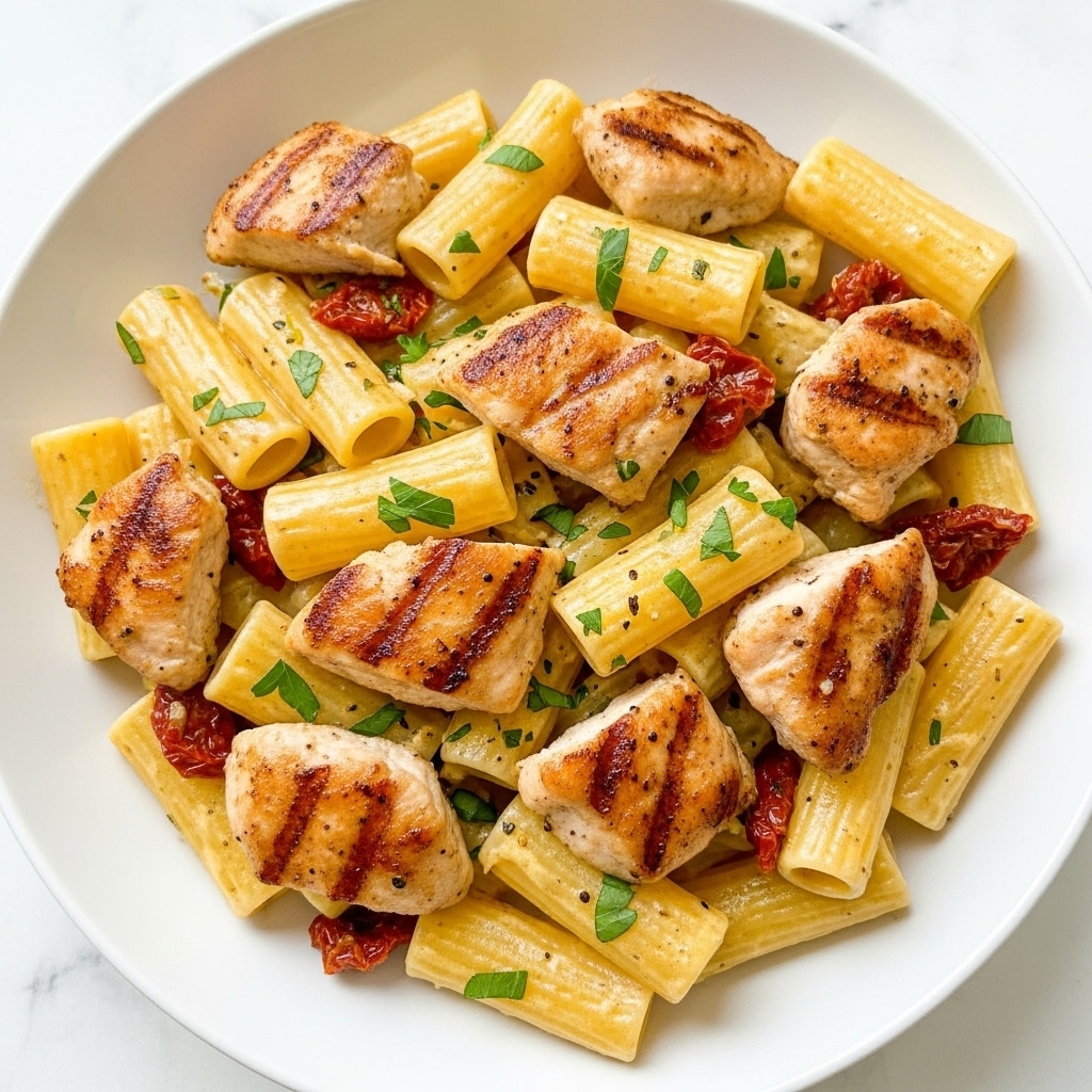 A white plate filled with rigatoni pasta mixed with grilled chicken pieces that are golden brown and slightly crispy. The pasta is creamy with a light yellow sauce coating each piece, while sun-dried tomatoes add deep red spots throughout. Small green herb bits, likely parsley, are sprinkled on top, adding freshness. The dish looks warm and rich with a texture that mixes smooth sauce, tender chicken, and chewy pasta. The background is a white marbled surface. Photo taken with an iphone --ar 4:5 --v 7