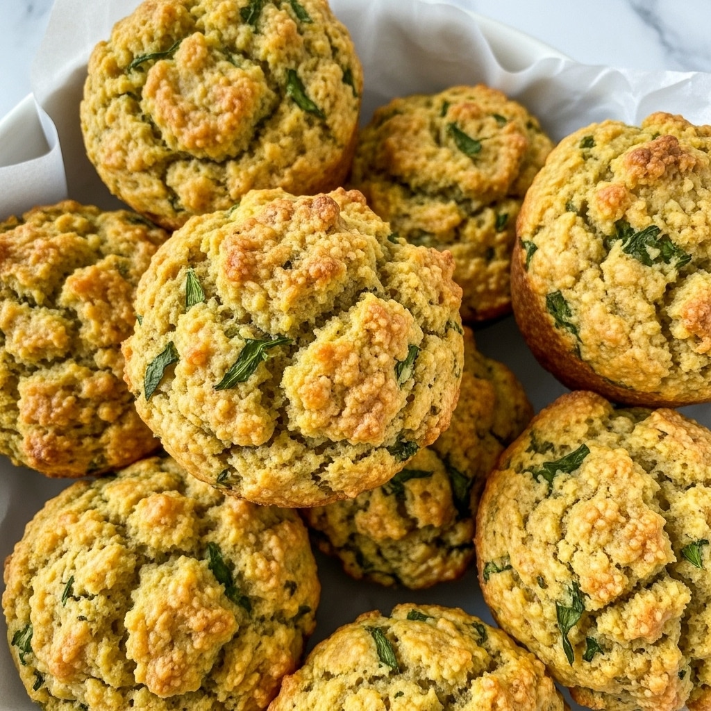 The image shows a close-up of several golden-brown savory muffins or biscuits, each with a rough, crispy top that has small browned spots and green herb pieces mixed throughout. The muffins are arranged tightly together in a white basket lined with light gray parchment paper. The texture of the muffins looks soft and crumbly with visible bits of chopped herbs giving a fresh green color contrast to the warm yellow and brown tones of the baked bread. The background features a white marbled texture. photo taken with an iphone --ar 4:5 --v 7
