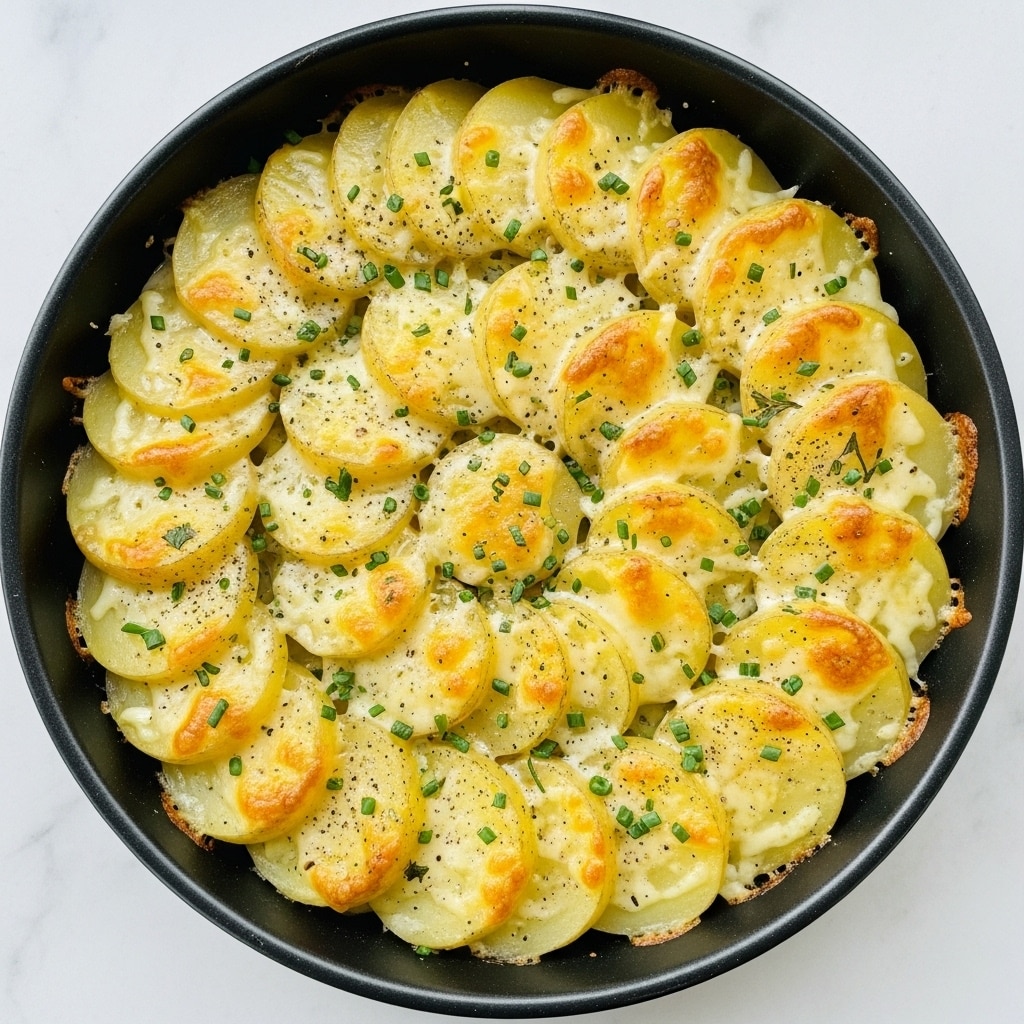 A black round baking dish filled with multiple layers of thin, soft potato slices. The bottom layer is pale yellowish-white potato slices closely packed, topped by a middle layer of melted creamy yellow cheese evenly spread, and another layer of potato slices on top, coated with a golden melted cheese layer. Small green herb sprinkles and a light dusting of black pepper are spread over the top, adding texture and color contrast. The edges show slight browning from baking, and the dish is placed on a white marbled surface. Photo taken with an iphone --ar 4:5 --v 7