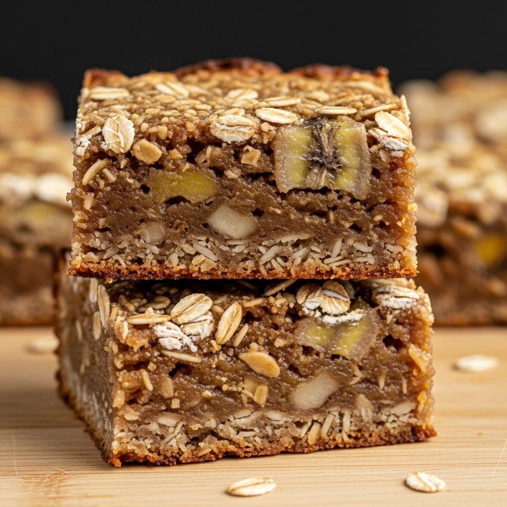 Two stacked oat bars are showing close up. Each bar has two layers: the bottom layer is dense with a shiny, slightly browned texture, and the top layer is a golden oat crust with visible oat flakes. The bars have a chewy, moist look with chunks of banana and oats throughout. They sit on a light wood surface with a blurred second batch visible in the dark background. photo taken with an iphone --ar 4:5 --v 7