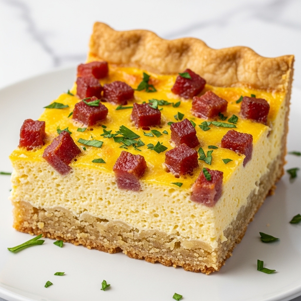A close-up of a square slice of quiche on a white plate, showing three main layers: a thick, golden-brown crust at the bottom with a slightly crumbly texture; a thick, creamy yellow egg filling in the middle with a soft, smooth consistency; and a golden-browned top layer dotted with small cubes of crispy, dark reddish-brown bacon and sprinkled with finely chopped bright green herbs. The edges of the crust are crimped and golden, with some small green herb pieces scattered on the plate around the slice. The background shows a white marbled texture. Photo taken with an iphone --ar 4:5 --v 7