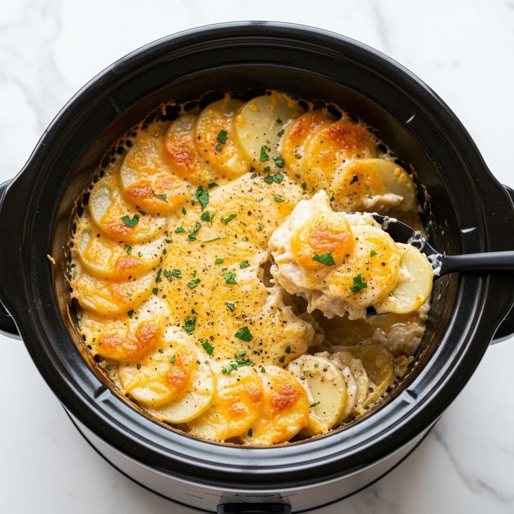 A black round slow cooker filled with creamy scalloped potatoes layered with thin, soft, white potato slices in a golden melted cheese sauce. The top layer shows a light golden brown color from baking, sprinkled with small bits of chopped green herbs and cracked black pepper. A black spoon scoops a portion from the right side, showing the thick, rich texture of the dish with extra cheese and sauce beneath. The slow cooker sits on a white marbled surface. photo taken with an iphone --ar 4:5 --v 7